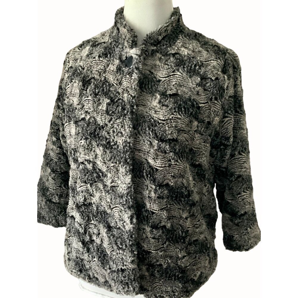 Alfred Dunner Petite 6P Faux Fur Jacket Black Gray Single Button Open Front